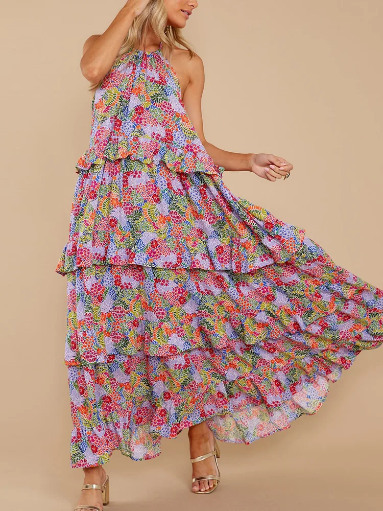 Women Elegant Floral Print Cotton Maxi Dress