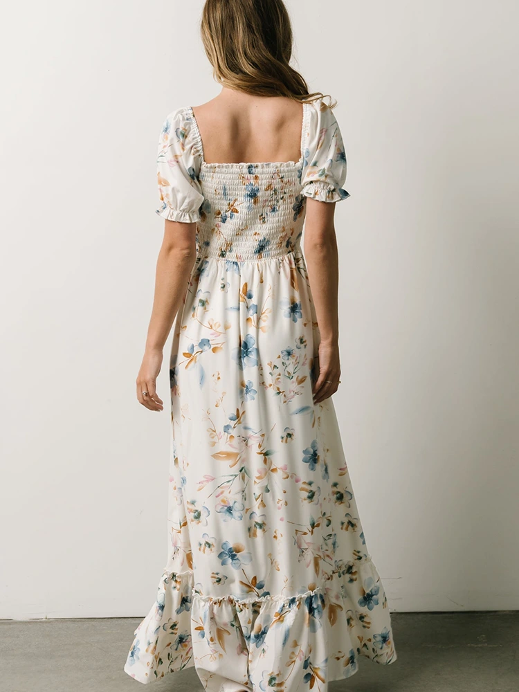 Square Neck Pleated Print Long Dress