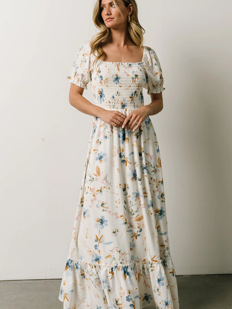 Square Neck Pleated Print Long Dress