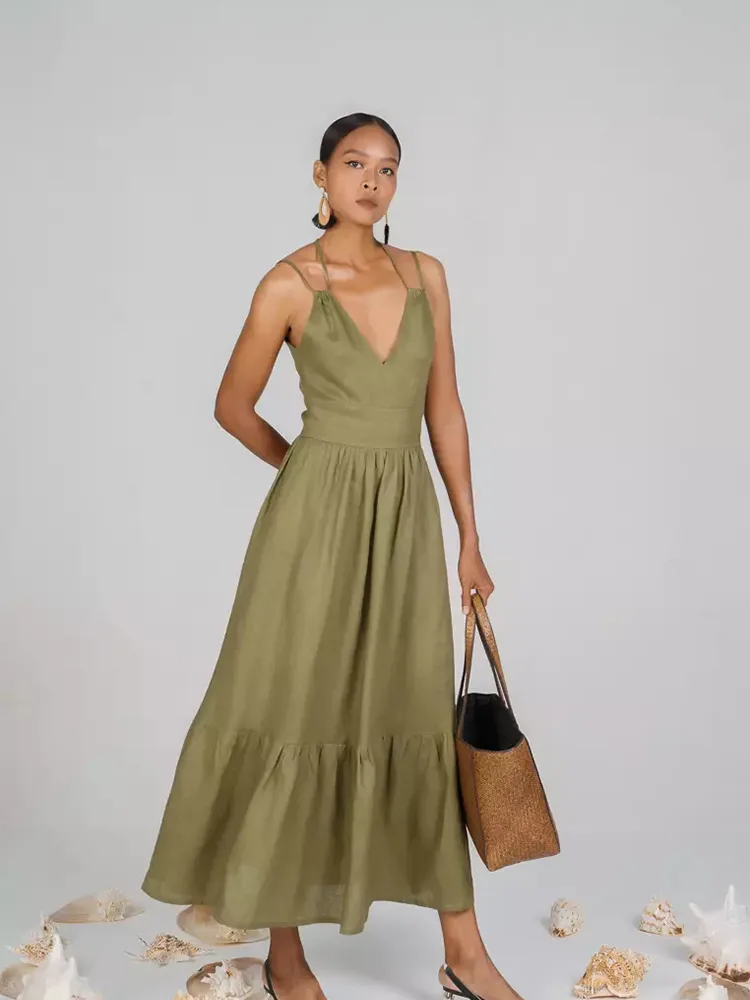 Lady Deep V Neck Long Casual Linen Dress