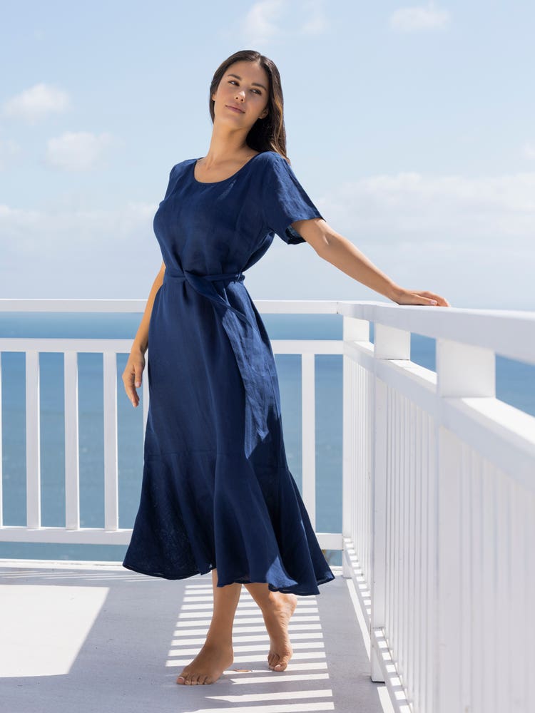 Váy midi vải lanh cổ điển 100%