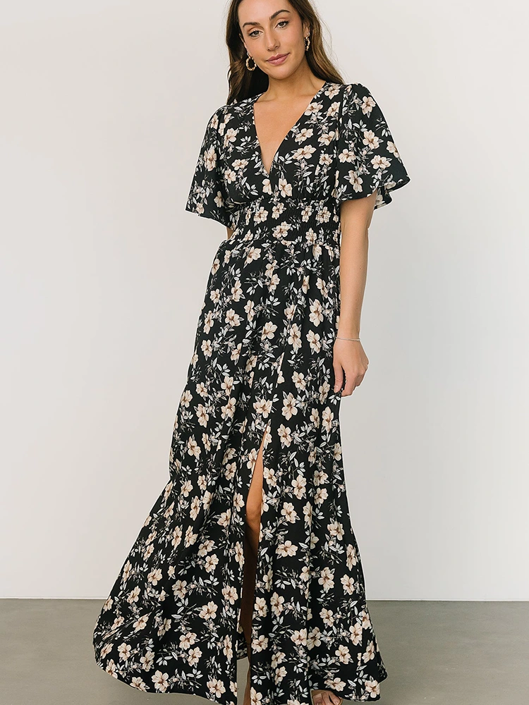 Đầm maxi voan cổ chữ V in hoa