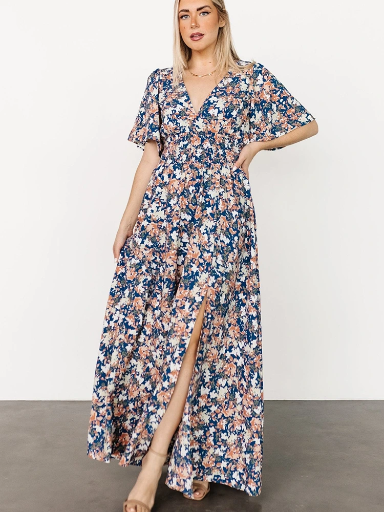 Đầm maxi voan ngắn tay cổ chữ V in hoa